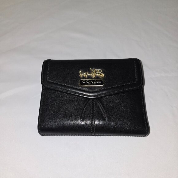 Coach Black Leather Tri-Fold Wallet with a Gold-Tone Logo, Snap Closure - Picture 2 of 6